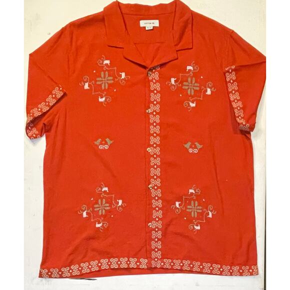 Cotton On Men’s 2XL Embroidered Linen Blend Camp Shirt Rust Red Retro Unisex EUC - Picture 1 of 10